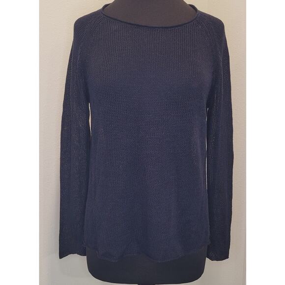Eileen Fisher Navy Blue 100% Linen Loose Knit Rollneck Sweater – Small - Picture 1 of 7